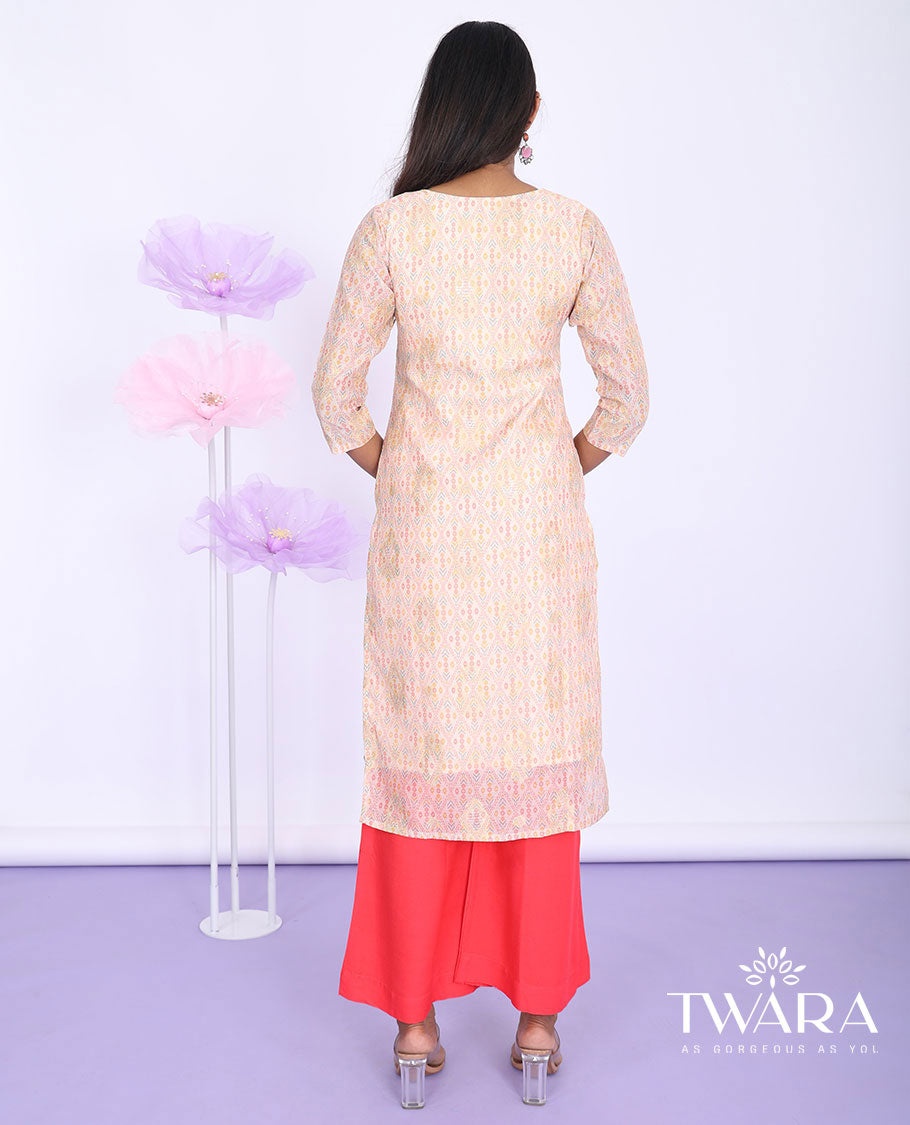 Twara multi-color argyle design printed round neck with 3/4th sleeve tissue straight-cut knee-length kurti