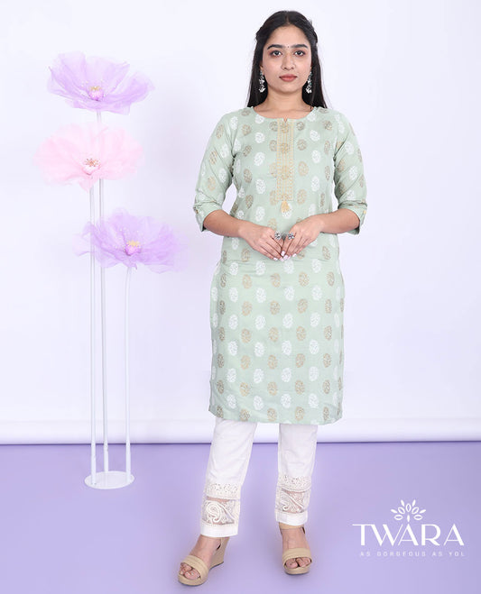 Twara green unique motifs printed round neck with 3/4th sleeve rayon straight-cut knee-length kurti