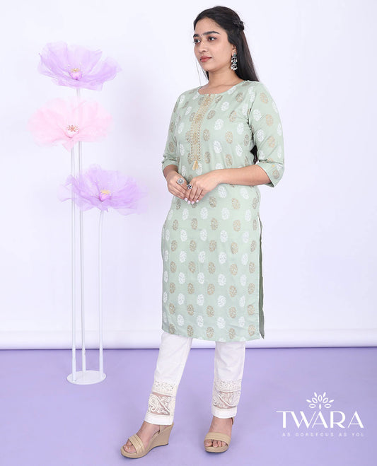Twara green unique motifs printed round neck with 3/4th sleeve rayon straight-cut knee-length kurti