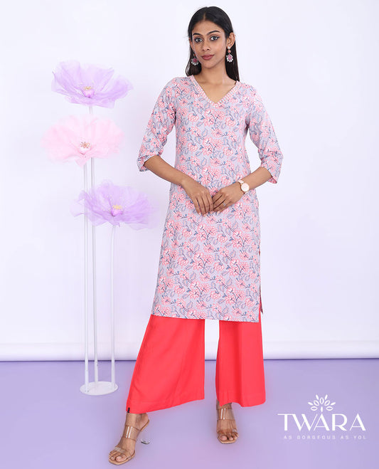Twara grey floral vine printed v-neck with 3/4th sleeve cotton straight-cut knee-length kurti
