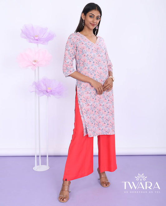 Twara grey floral vine printed v-neck with 3/4th sleeve cotton straight-cut knee-length kurti