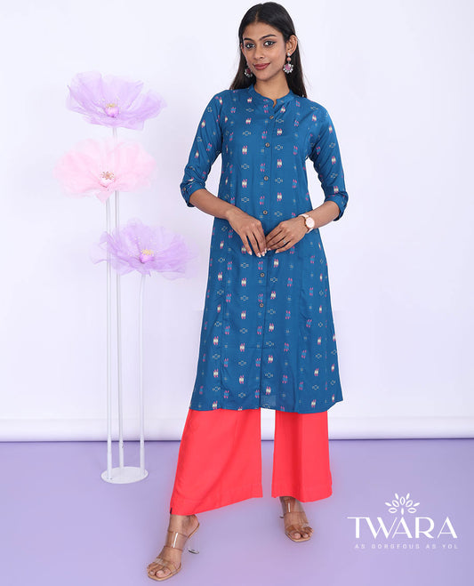 Twara blue unique motifs printed Chinese collar with 3/4th sleeve rayon straight-cut knee-length kurti