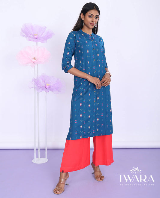 Twara blue unique motifs printed Chinese collar with 3/4th sleeve rayon straight-cut knee-length kurti