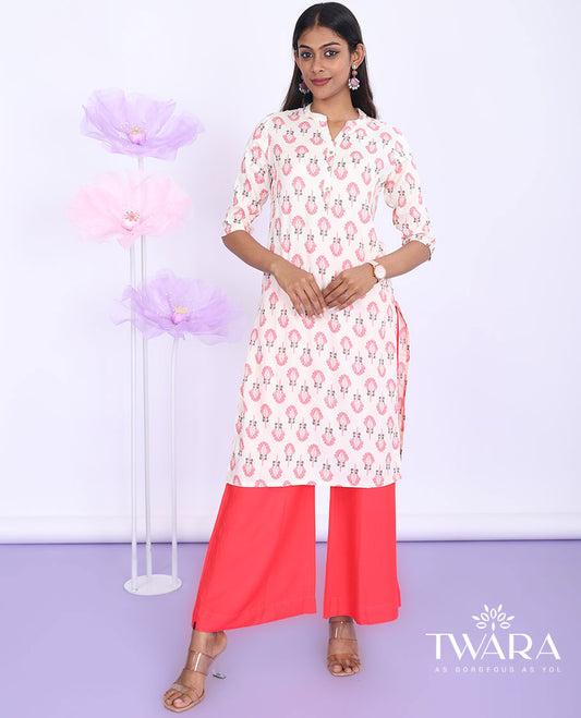 Twara cream unique motifs printed Chinese collar with 3/4th sleeve rayon straight-cut knee-length kurti