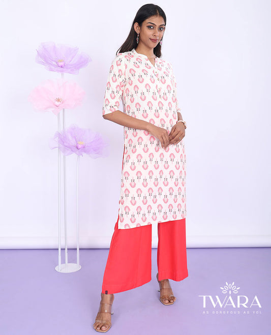Twara cream unique motifs printed Chinese collar with 3/4th sleeve rayon straight-cut knee-length kurti