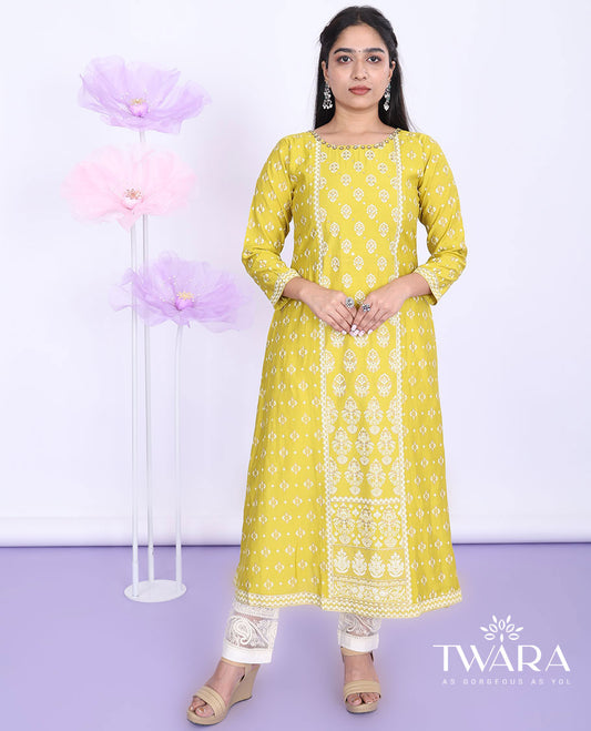 Twara yellow unique motifs & embroidery round neck with 3/4th sleeve muslin a-line calf-length kurti