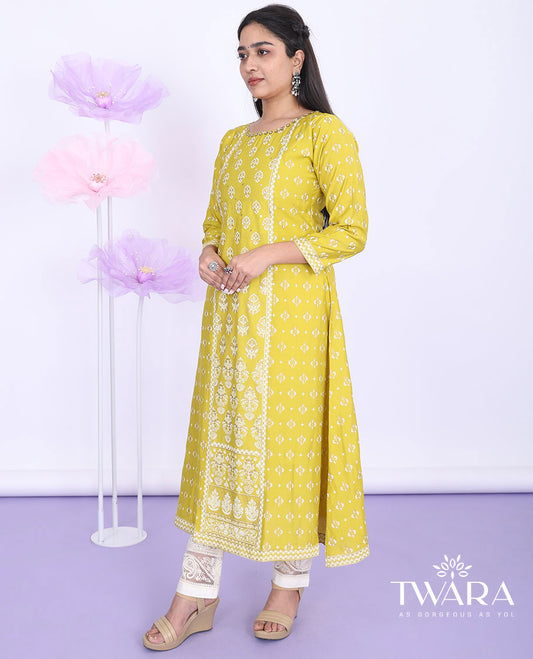 Twara yellow unique motifs & embroidery round neck with 3/4th sleeve muslin a-line calf-length kurti