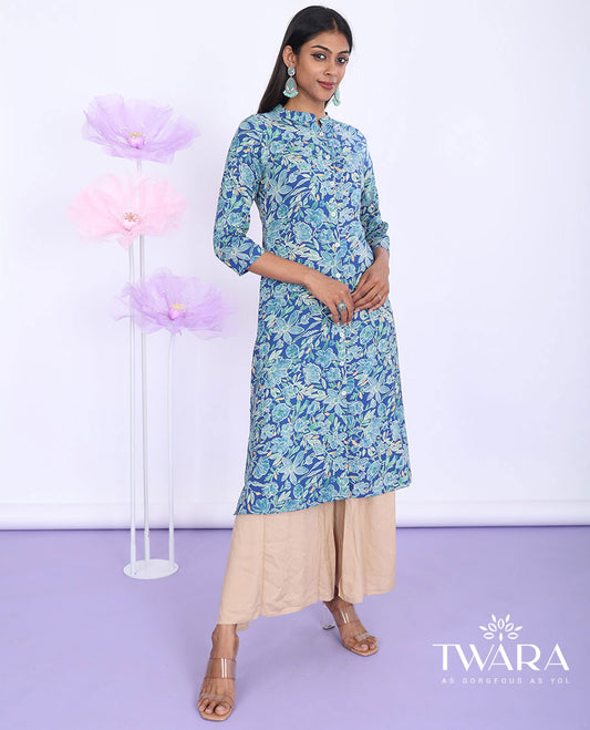 Twara blue floral vine printed Chinese collar with 3/4th sleeve cotton a-line calf-length kurti