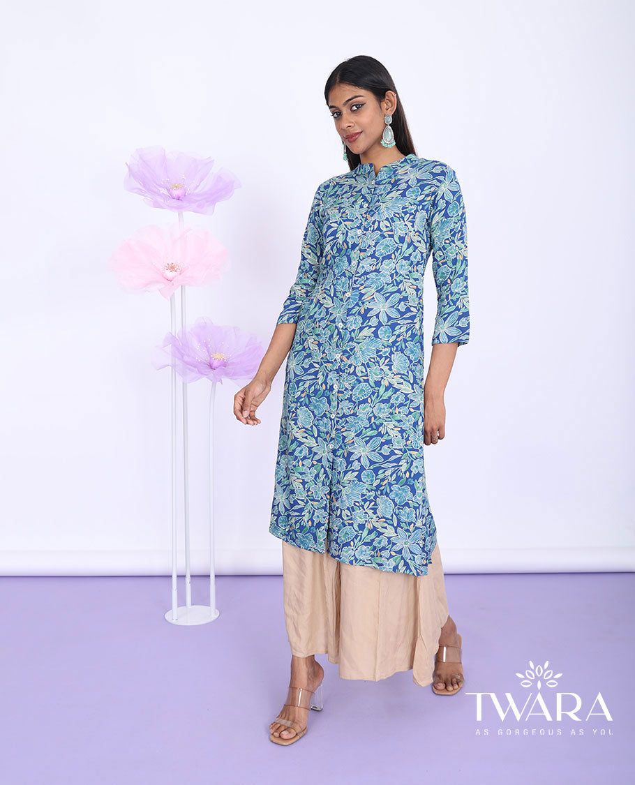Twara blue floral vine printed Chinese collar with 3/4th sleeve cotton a-line calf-length kurti