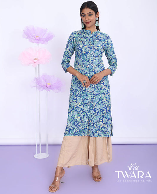 Twara blue floral vine printed Chinese collar with 3/4th sleeve cotton a-line calf-length kurti
