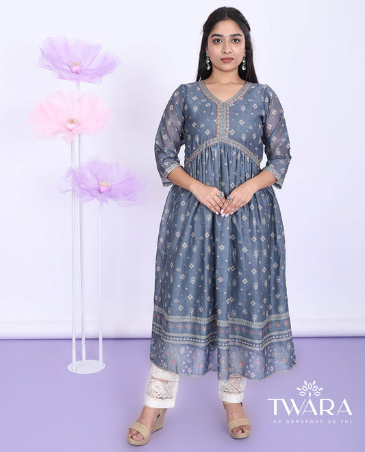Twara grey unique motifs printed alia-cut with 3/4th sleeve tissue a-line calf-length kurti
