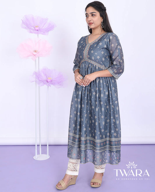 Twara grey unique motifs printed alia-cut with 3/4th sleeve tissue a-line calf-length kurti