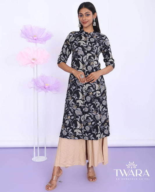 Twara black floral vine printed Chinese collar with 3/4th sleeve rayon a-line below-knee kurti