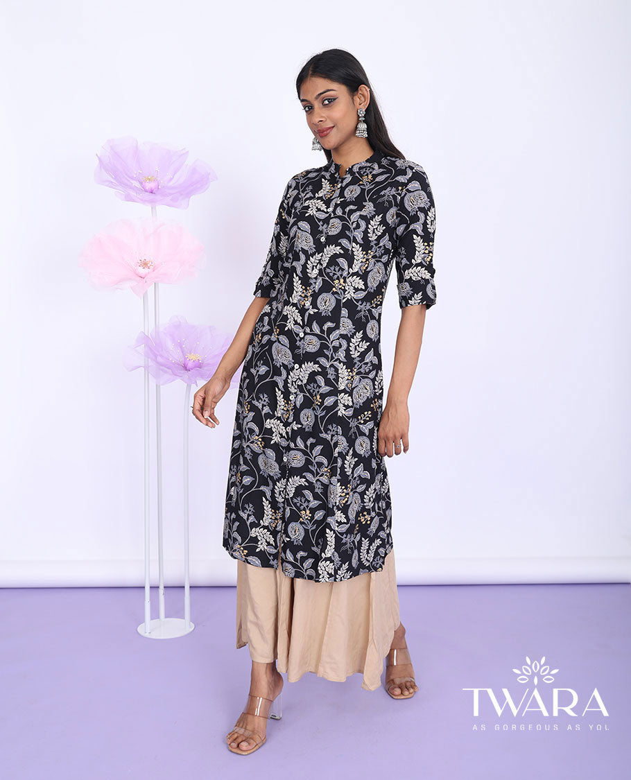 Twara black floral vine printed Chinese collar with 3/4th sleeve rayon a-line below-knee kurti