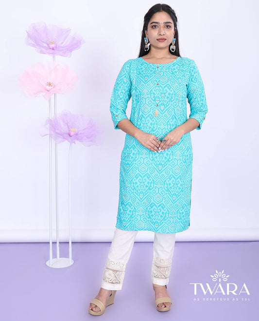 Twara blue ikkat-style intricately printed round neck with 3/4th sleeve rayon straight-cut below-knee kurti