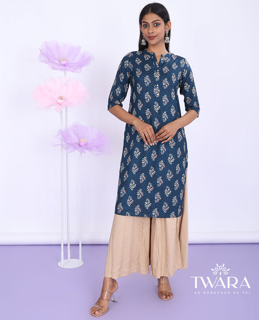 Twara blue floral motifs printed Chinese collar with 3/4th sleeve rayon straight-cut knee-length kurti