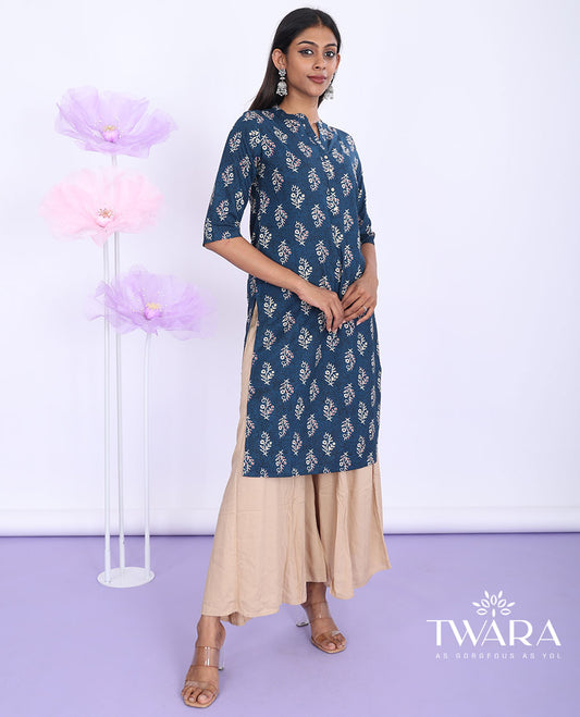 Twara blue floral motifs printed Chinese collar with 3/4th sleeve rayon straight-cut knee-length kurti