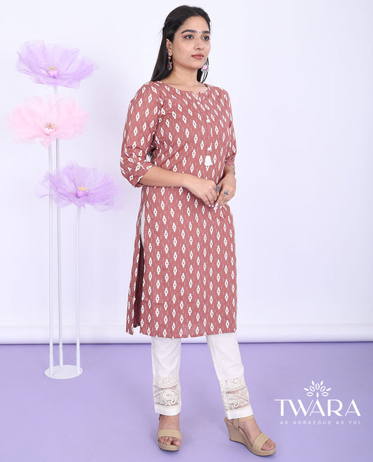 Twara rosewood color unique motifs printed round neck with 3/4th sleeve rayon straight-cut knee-length kurti