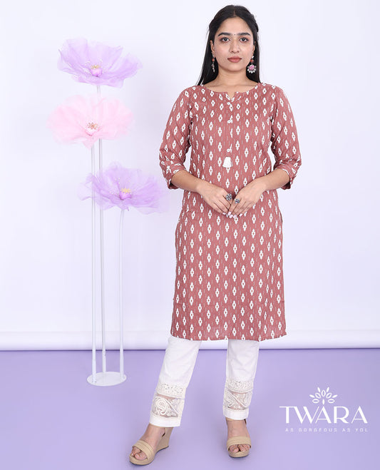 Twara rosewood color unique motifs printed round neck with 3/4th sleeve rayon straight-cut knee-length kurti