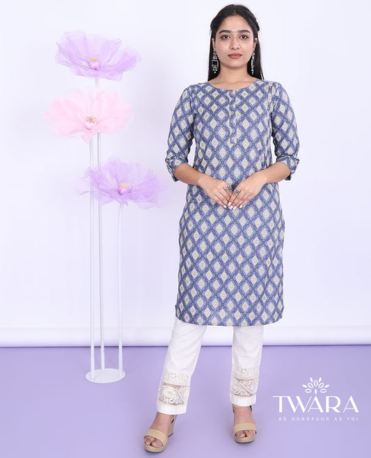 Twara grey argyle design printed round neck with 3/4th sleeve rayon straight-cut knee-length kurti