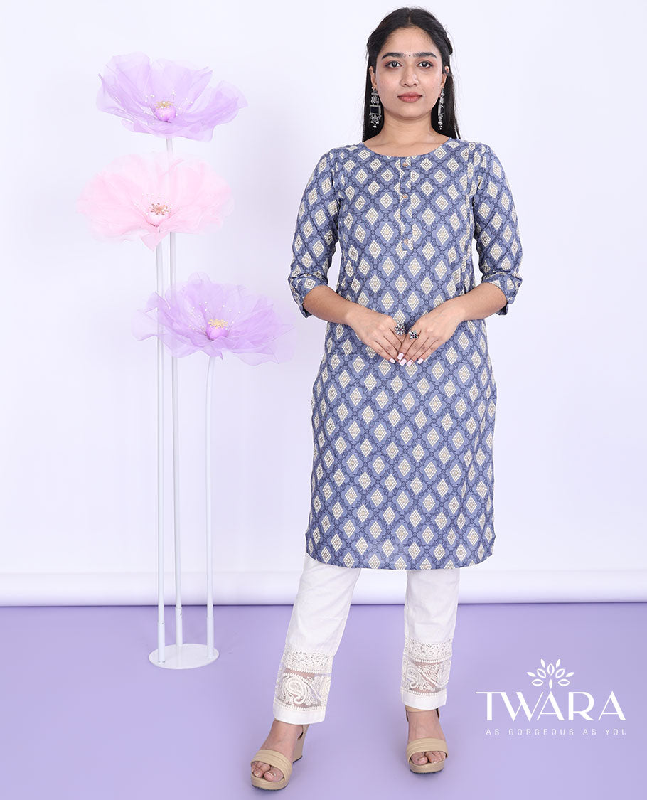 Twara grey argyle design printed round neck with 3/4th sleeve rayon straight-cut knee-length kurti