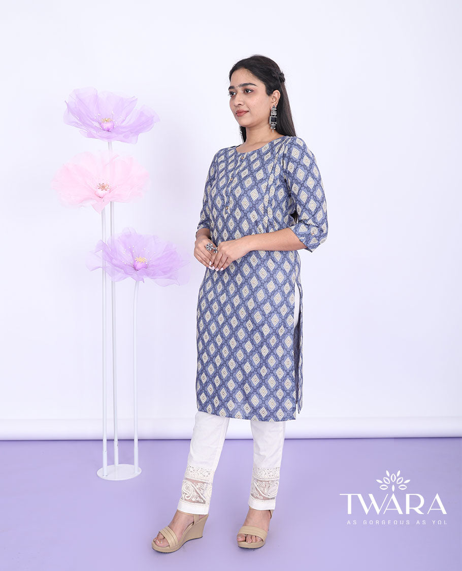 Twara grey argyle design printed round neck with 3/4th sleeve rayon straight-cut knee-length kurti