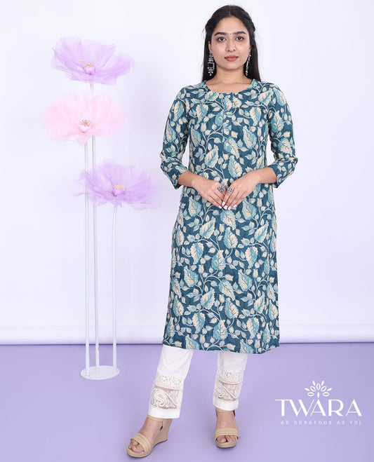 Twara green floral vine printed round neck with 3/4th sleeve cotton straight-cut below-knee kurti