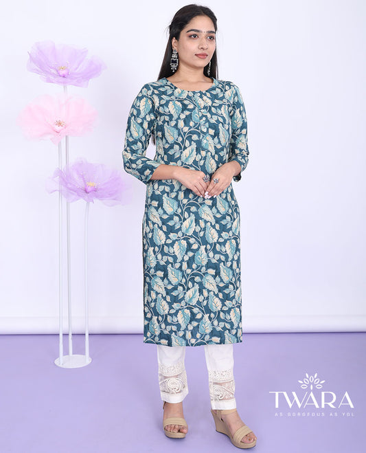 Twara green floral vine printed round neck with 3/4th sleeve cotton straight-cut below-knee kurti
