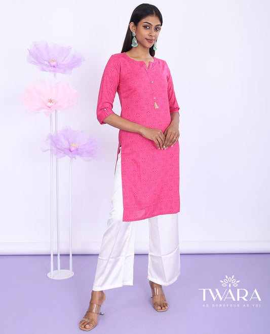 Twara pink ogee printed round neck with 3/4th sleeve rayon straight-cut knee-length kurti