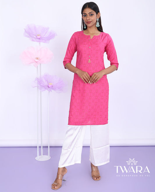 Twara pink ogee printed round neck with 3/4th sleeve rayon straight-cut knee-length kurti