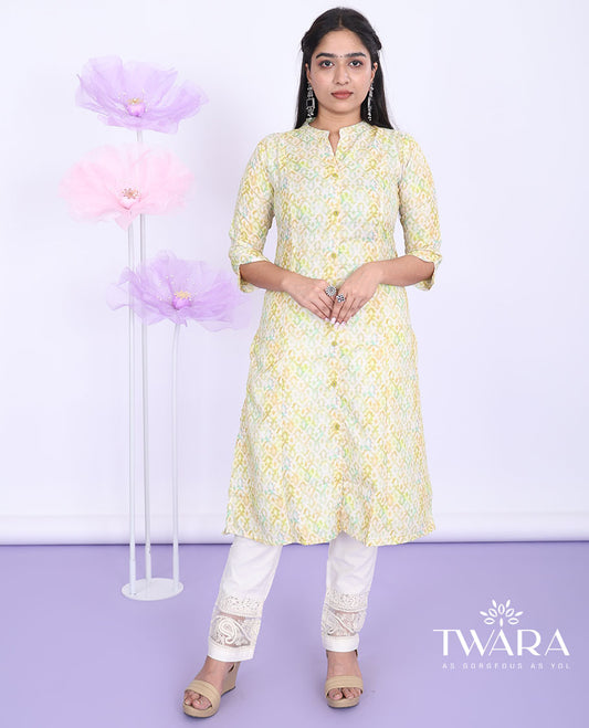 Twara yellow intricately printed Chinese collar with 3/4th sleeve cotton straight-cut below-knee kurti