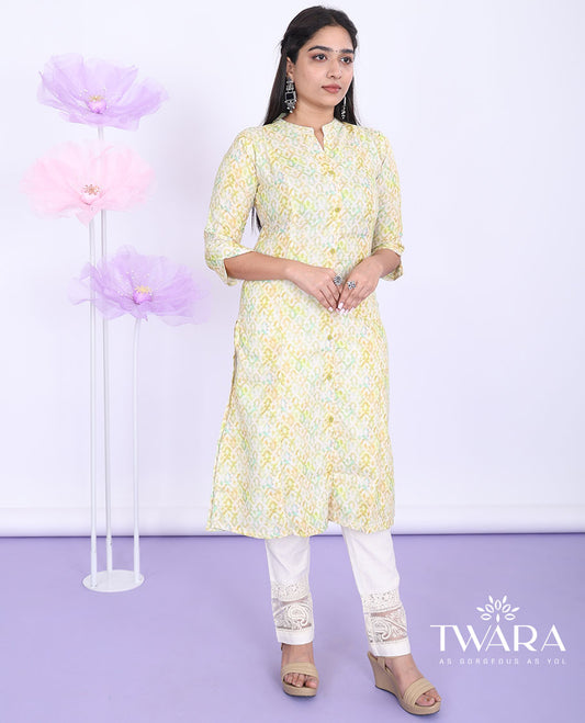 Twara yellow intricately printed Chinese collar with 3/4th sleeve cotton straight-cut below-knee kurti