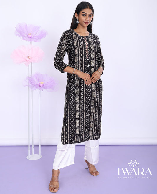 Twara black geometric printed & embroidered round neck with 3/4th sleeve Cotton straight-cut below-knee kurti