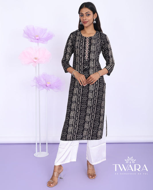 Twara black geometric printed & embroidered round neck with 3/4th sleeve Cotton straight-cut below-knee kurti
