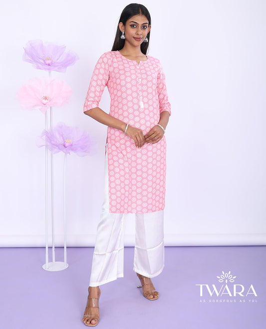 Twara blue chakram motifs printed with round neck 3/4th sleeve rayon straight-cut knee-length kurti