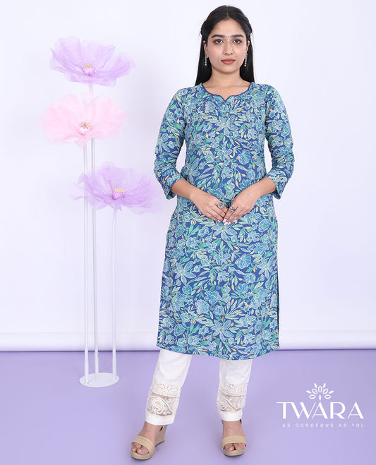 Twara blue floral vine printed with round neck 3/4th sleeve cotton straight-cut below-knee kurti