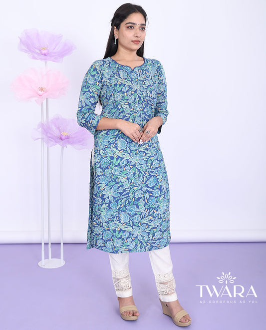 Twara blue floral vine printed with round neck 3/4th sleeve cotton straight-cut below-knee kurti