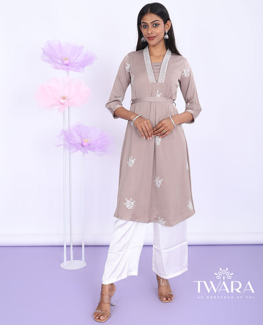 Twara pastel brown floral motifs thread embroidered V-neck 3/4th sleeve muslin a-line knee-length kurti
