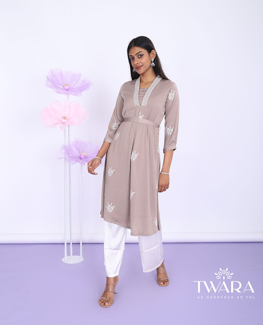 Twara pastel brown floral motifs thread embroidered V-neck 3/4th sleeve muslin a-line knee-length kurti