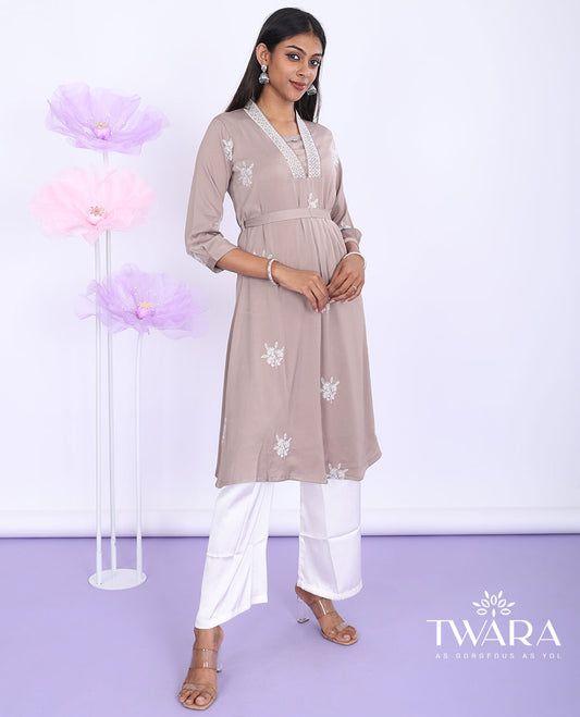 Twara pastel brown floral motifs thread embroidered V-neck 3/4th sleeve muslin a-line knee-length kurti