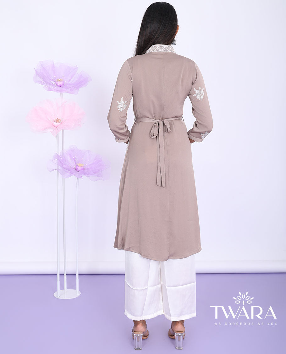 Twara pastel brown floral motifs thread embroidered V-neck 3/4th sleeve muslin a-line knee-length kurti