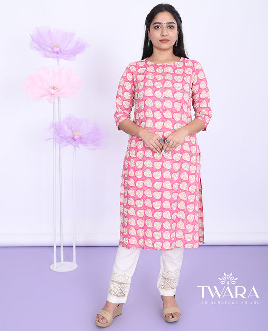 Twara pink leaf motifs printed boat-neck 3/4th sleeve cotton straight-cut below-knee kurti