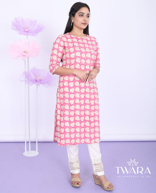 Twara pink leaf motifs printed boat-neck 3/4th sleeve cotton straight-cut below-knee kurti