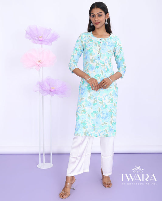 Twara multi-color floral vine printed round-neck 3/4th sleeve rayon straight-cut below-knee kurti