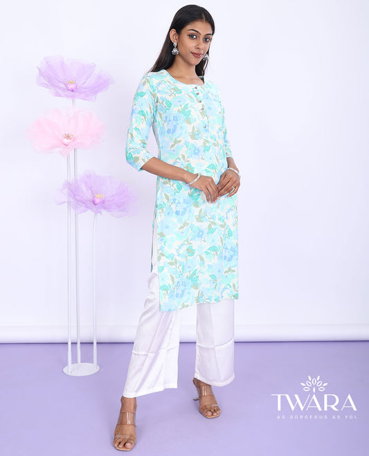 Twara multi-color floral vine printed round-neck 3/4th sleeve rayon straight-cut below-knee kurti