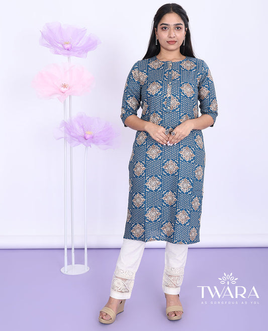 Twara blue intricately printed boat-neck 3/4th sleeve rayon straight-cut below-knee kurti