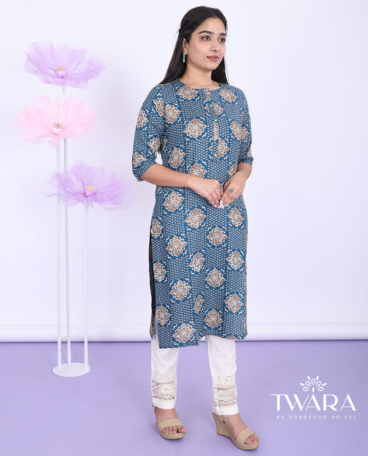 Twara blue intricately printed boat-neck 3/4th sleeve rayon straight-cut below-knee kurti