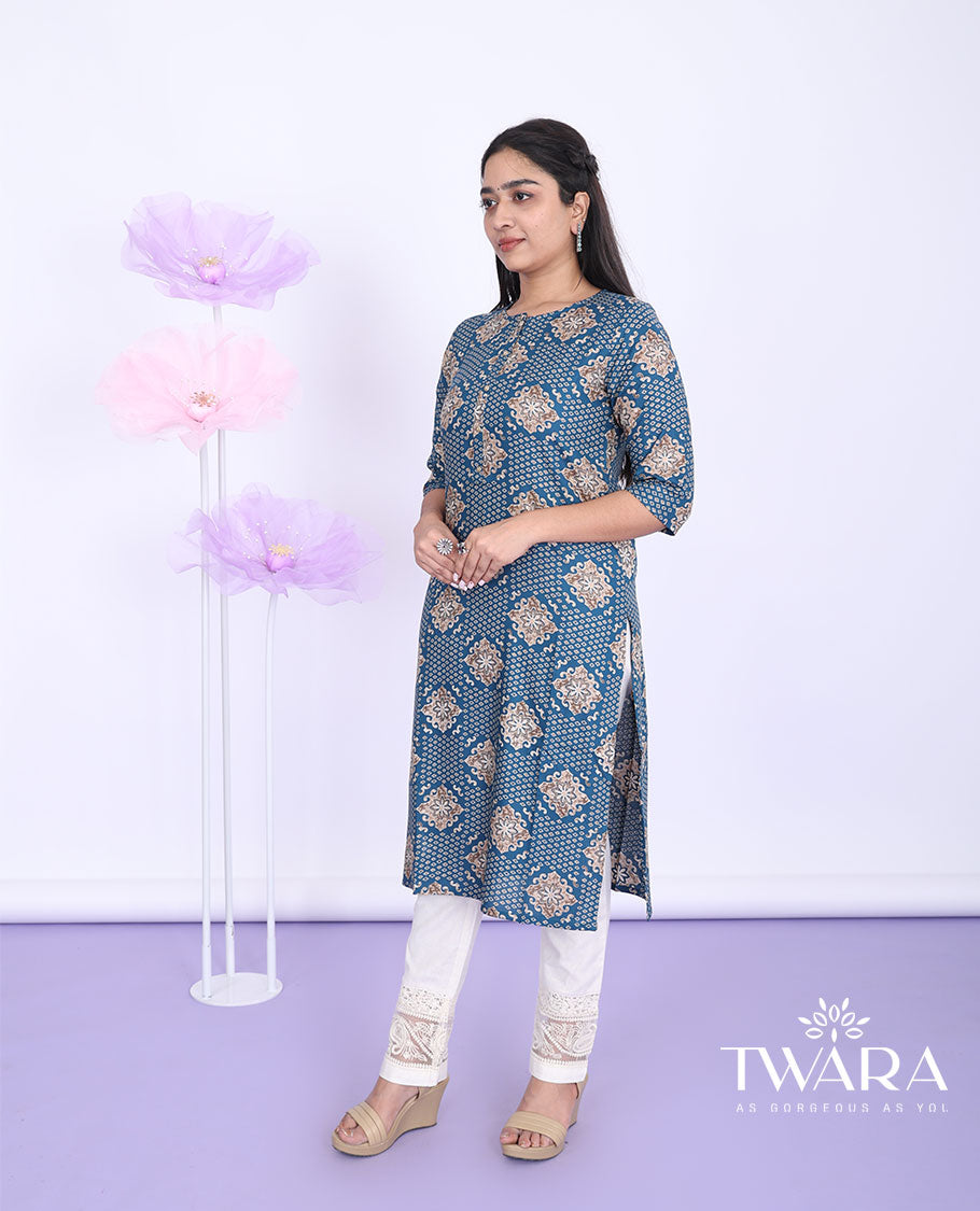 Twara blue intricately printed boat-neck 3/4th sleeve rayon straight-cut below-knee kurti