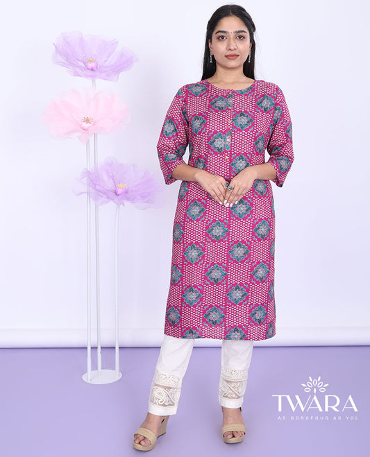 Twara pink intricately printed boat-neck 3/4th sleeve rayon straight-cut below-knee kurti