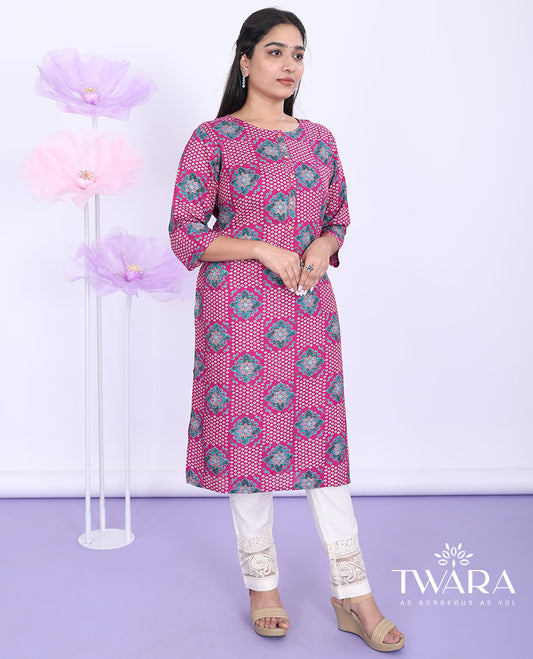 Twara pink intricately printed boat-neck 3/4th sleeve rayon straight-cut below-knee kurti